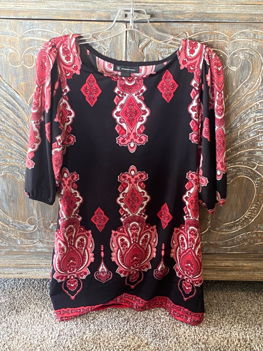 INC International Concepts Black Tunic with Red Paisley Motif
